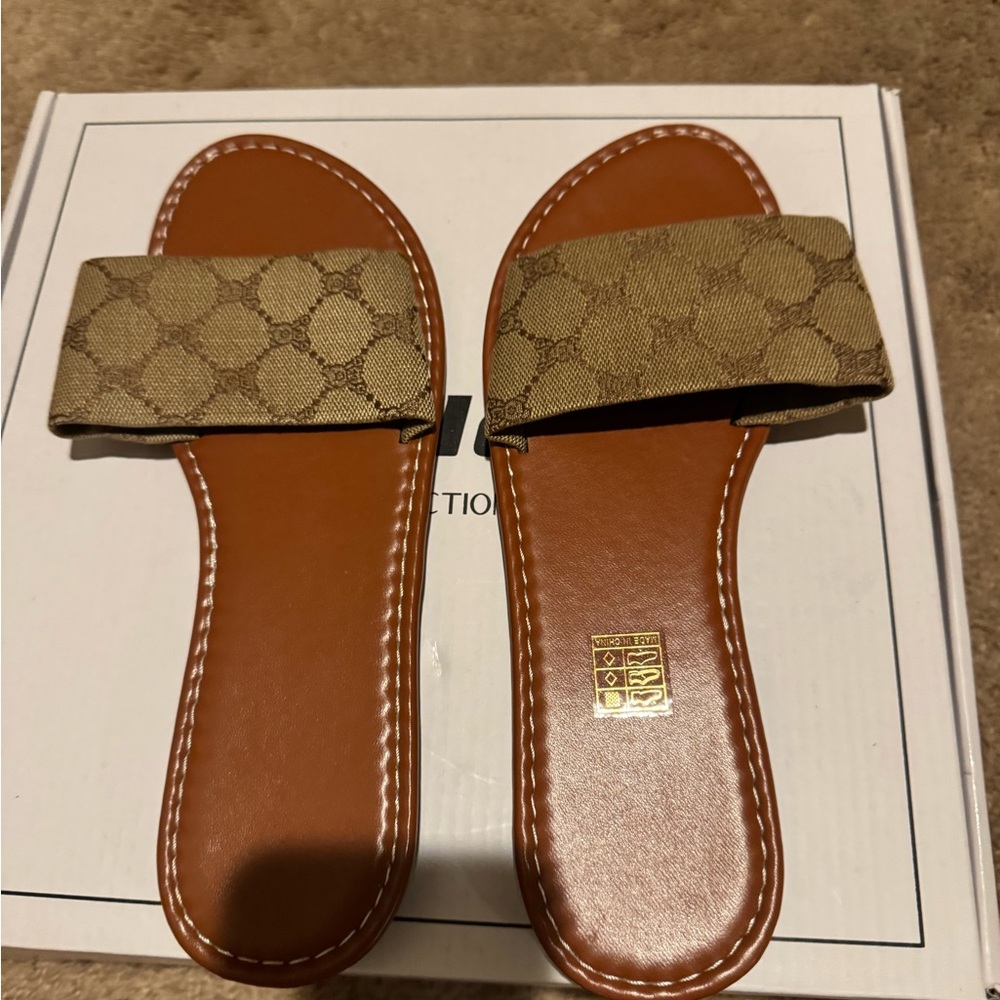 Designer Brown Monogram Slide Sandals